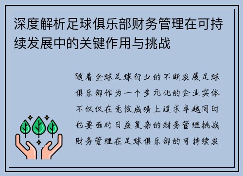 深度解析足球俱乐部财务管理在可持续发展中的关键作用与挑战